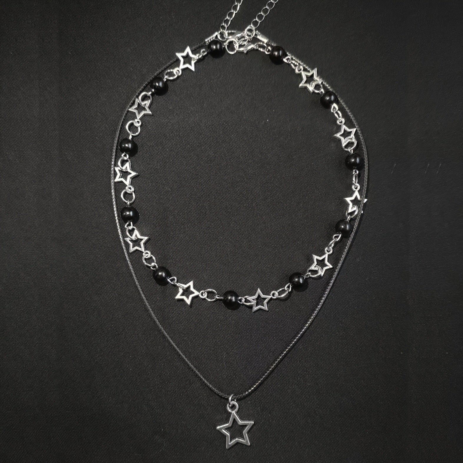 Wholesale Bohemian punk black round bead five-pointed star necklace
